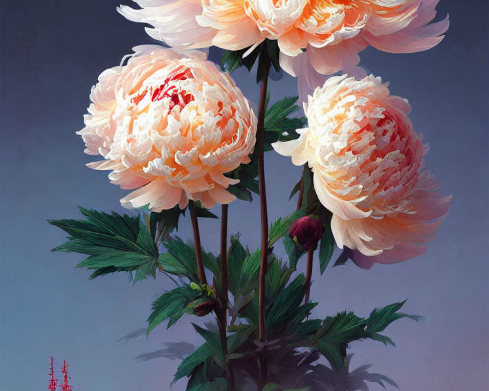Detailed painting of three blooming pinkish-white peonies with bud and leaves on grey background with