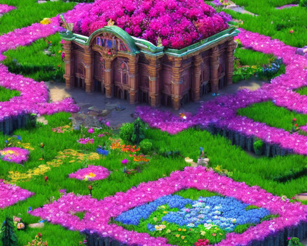 Vibrant garden with pink flower paths and fuchsia blossoms under clear sky