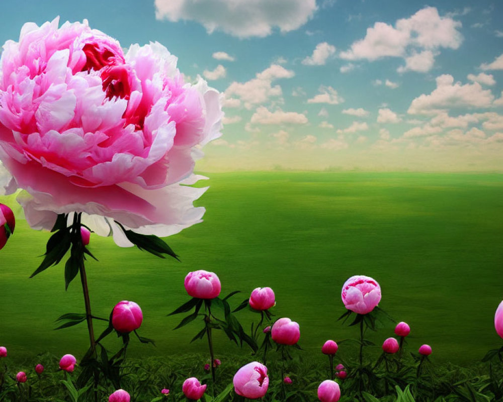 Lush Green Grass Field with Blooming Pink Peonies