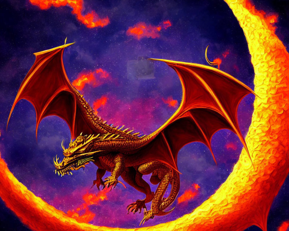 Red dragon with expansive wings under fiery crescent moon & starry sky