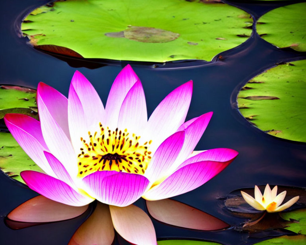 Pink and White Water Lily Blooming in Dark Waters