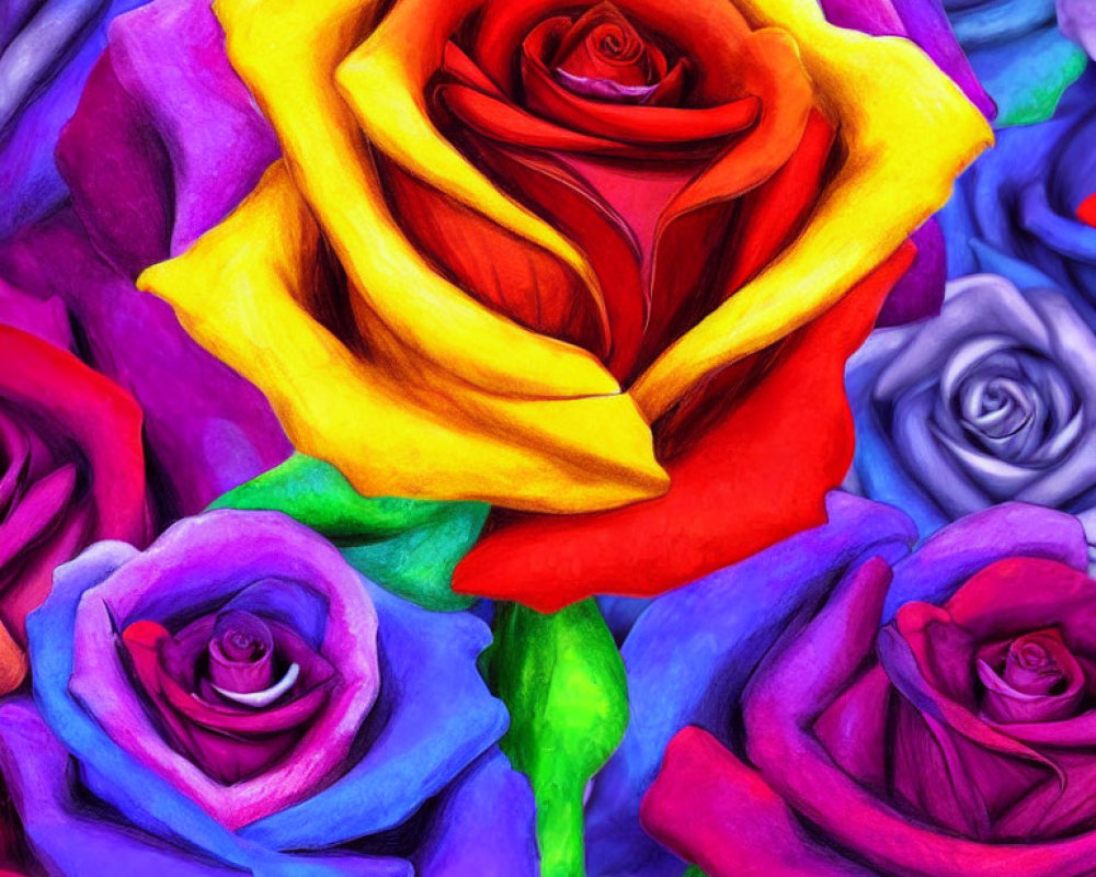 Multicolored roses in purple, blue, yellow, and red with textured effect