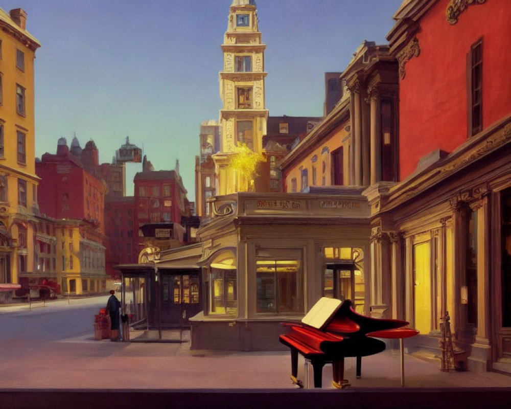 City Street Artwork: Dusk Scene with Grand Piano, Diner, and Historic Tower