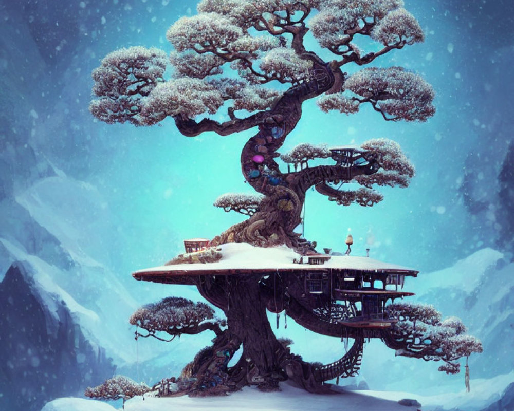 Illustration of ancient tree with snowy platform, house, lantern, and serene snowy backdrop.