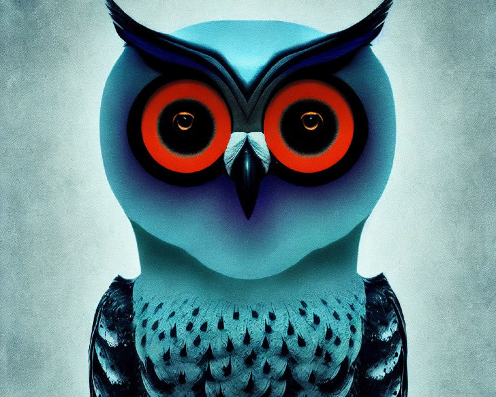 Stylized owl digital artwork with vivid orange eyes and blue-grey feathers
