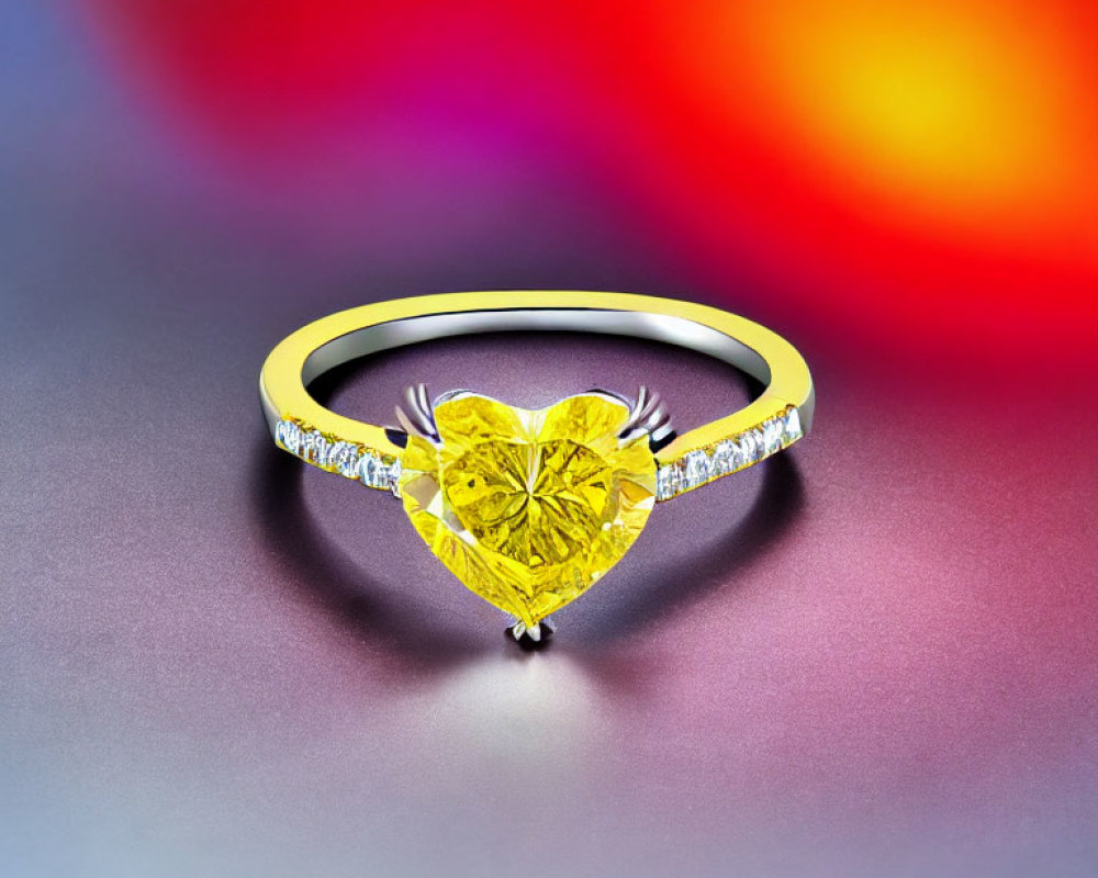 Heart-shaped yellow diamond ring with accent diamonds on gold band on warm colorful background