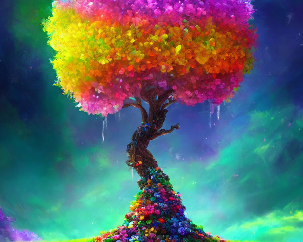 Colorful Flowering Tree Against Aurora Sky and Ice Accents
