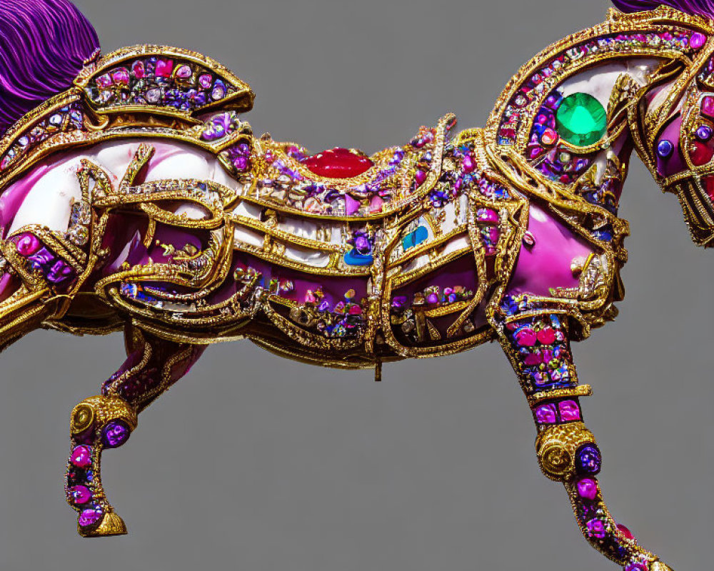 Ornate Golden Carousel Horse with Purple and Pink Jewels
