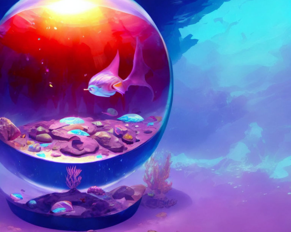 Colorful fish in spherical underwater habitat with sunset against underwater scene