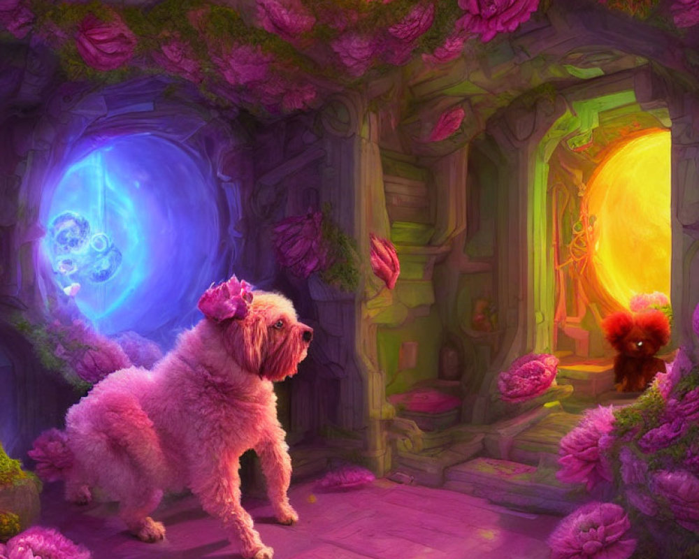 Fluffy dog with pink flower in whimsical room with glowing portals and orbs