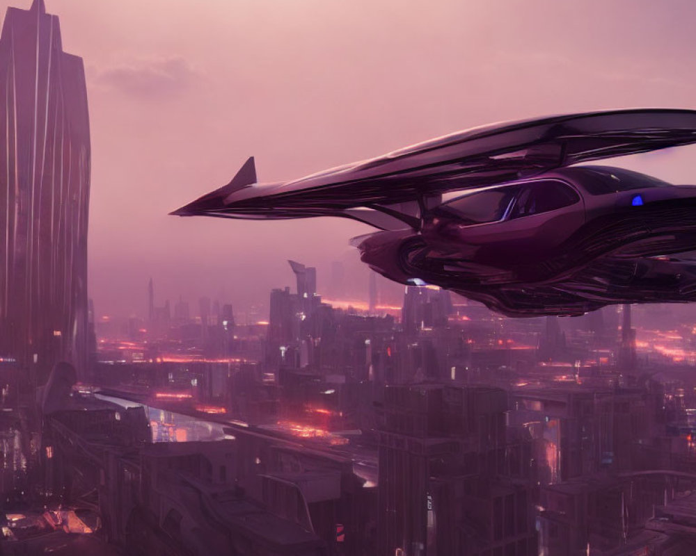 Futuristic flying car over purple cityscape with skyscrapers at dusk