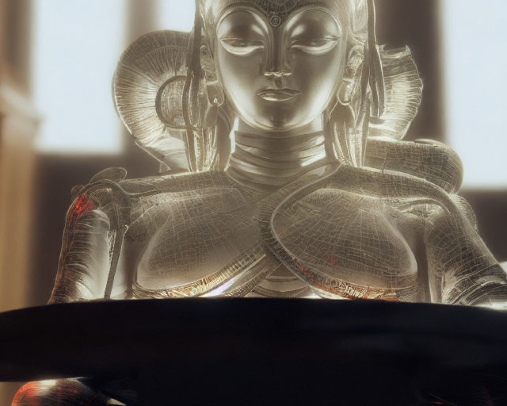 Tranquil metallic Buddha statue in soft light