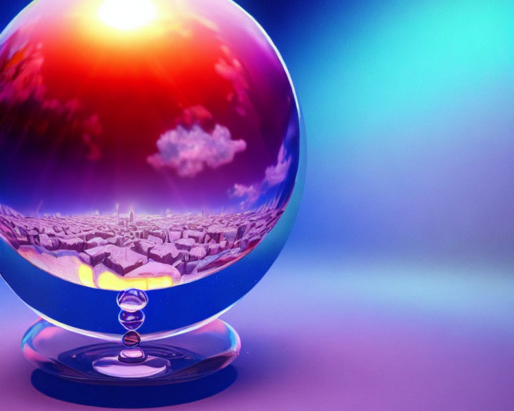 Colorful crystal ball with miniature sunset landscape on blue gradient.