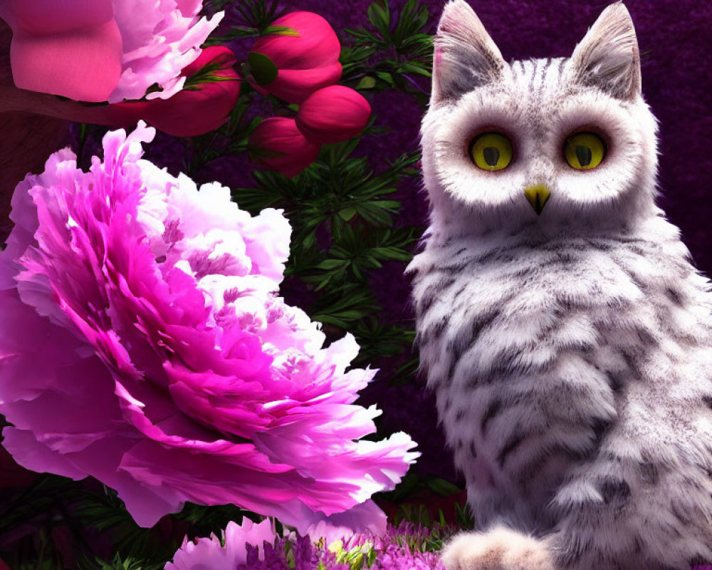 White Owl Among Pink and Purple Flowers on Green Background