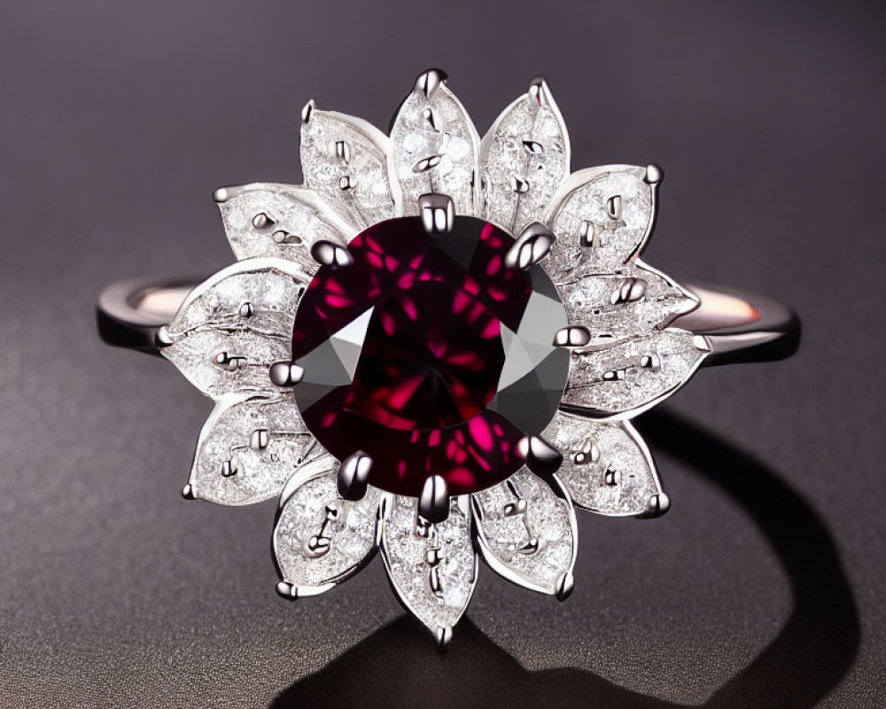 Lotus-shaped ring with ruby center and diamond petals on silver band
