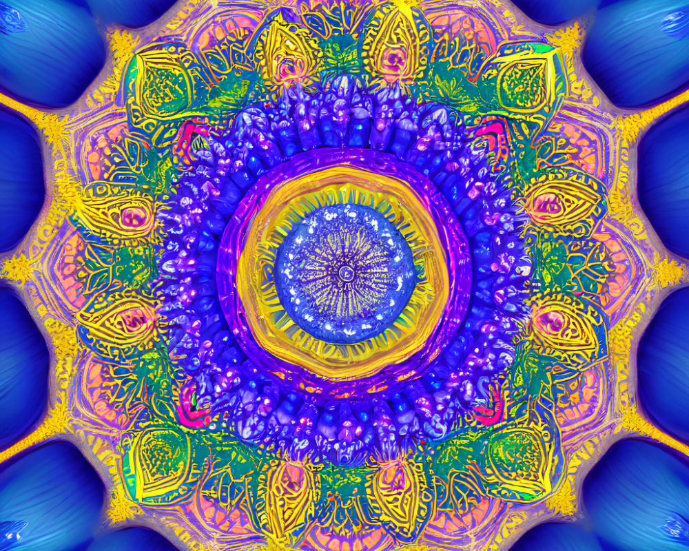 Colorful Mandala Art with Peacock Feathers in Blue and Purple