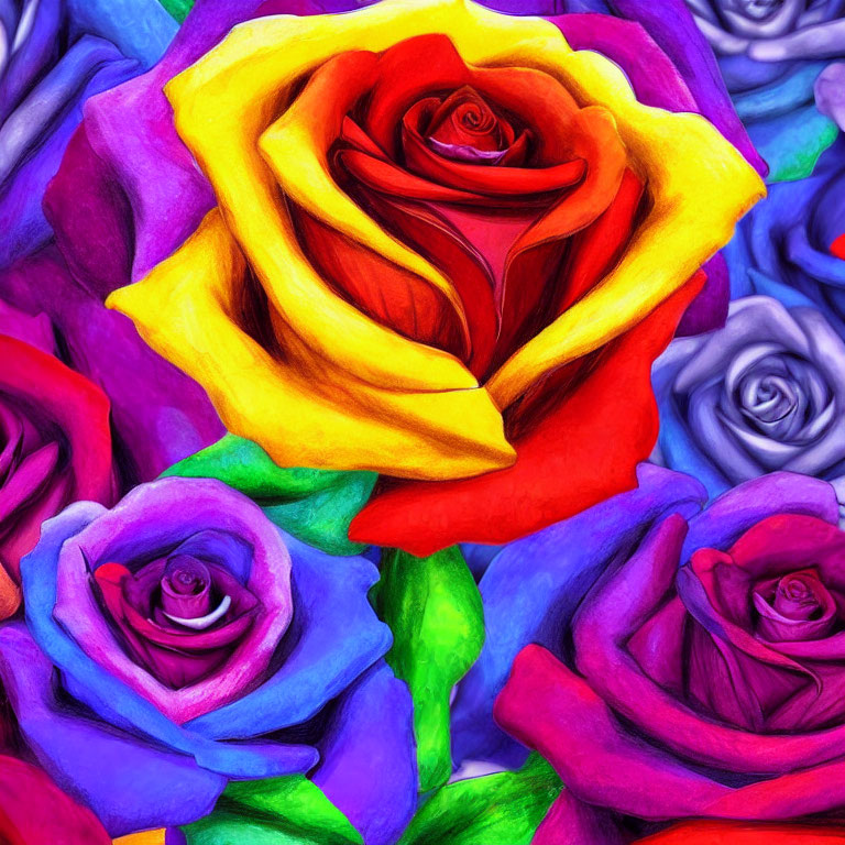 Multicolored roses in purple, blue, yellow, and red with textured effect