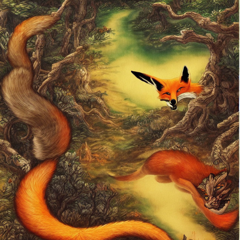 Surreal fox art: body morphs into tree branches in lush forest