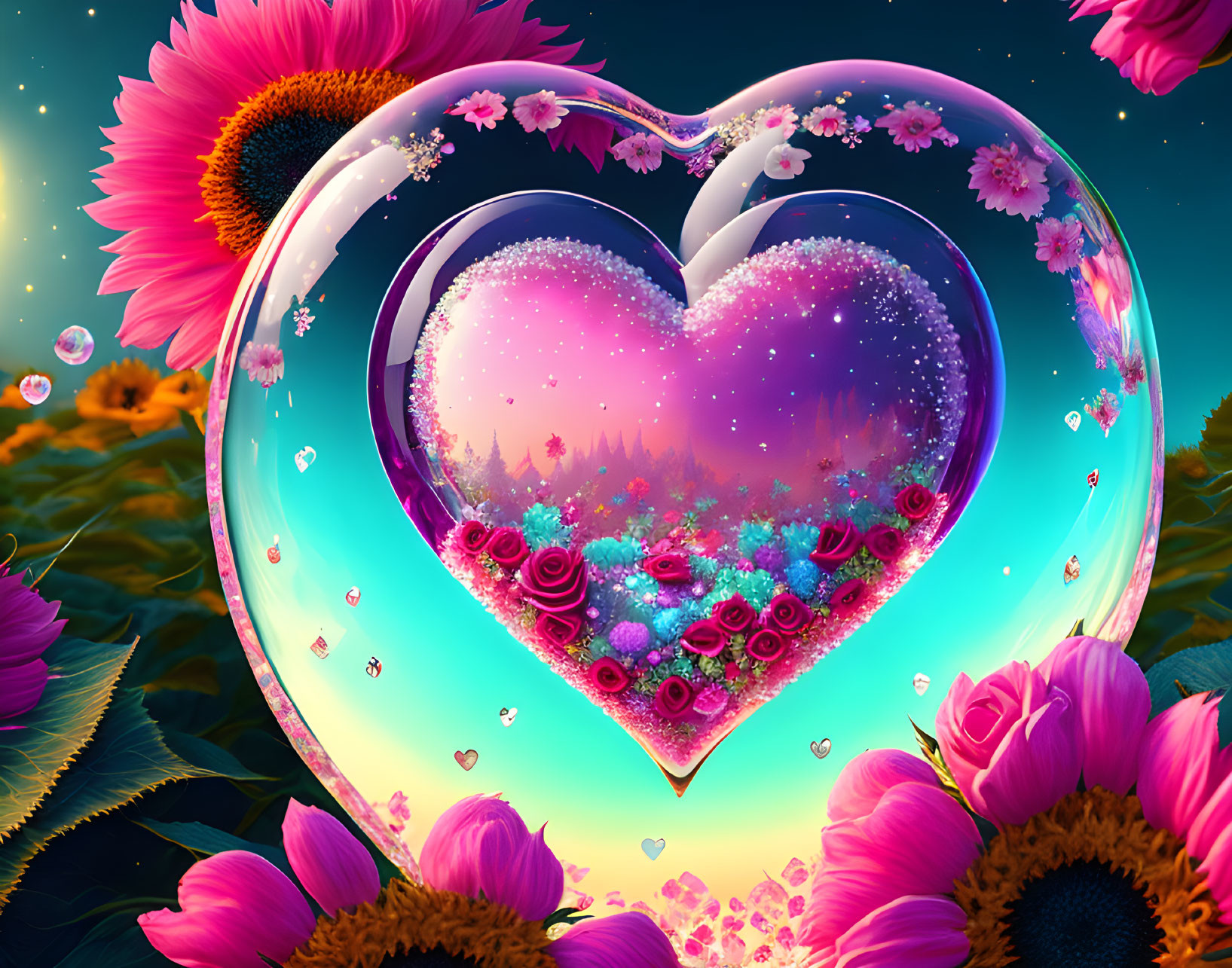 Colorful Heart-shaped Bubble with Magical Forest and Sunflowers Under Starry Sky