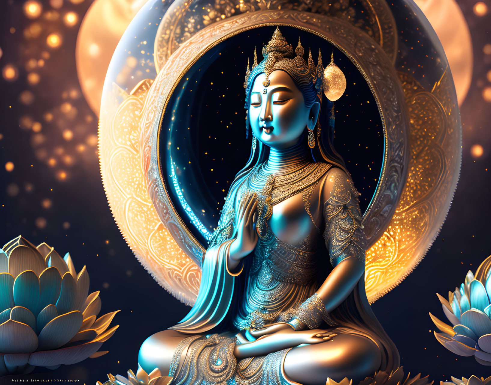 Blue-skinned deity meditating in golden attire with lotus flowers and crescent moon