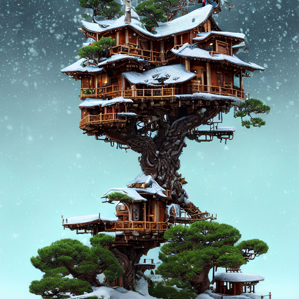 Snow-covered multi-tiered treehouse in a wintry setting