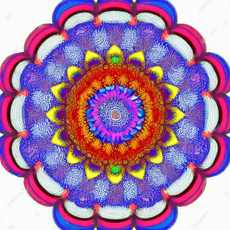 Colorful Symmetrical Mandala Pattern with Star Center in Blue, Red, and Yellow