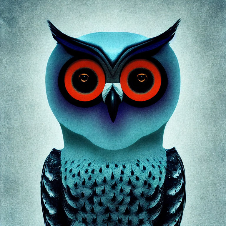 Stylized owl digital artwork with vivid orange eyes and blue-grey feathers