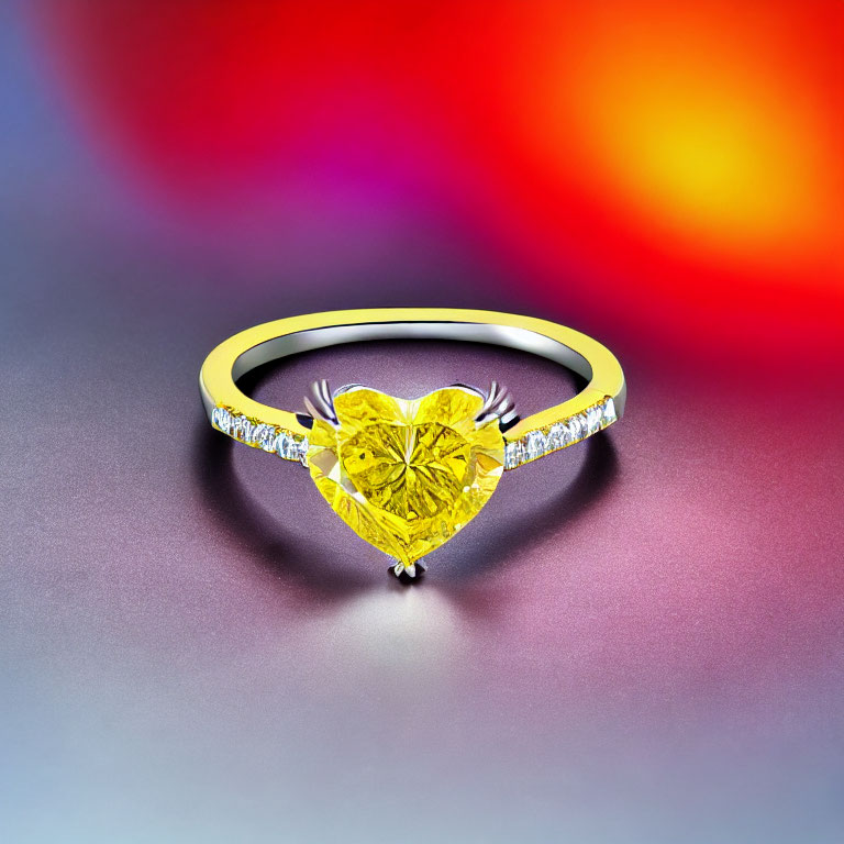 Heart-shaped yellow diamond ring with accent diamonds on gold band on warm colorful background