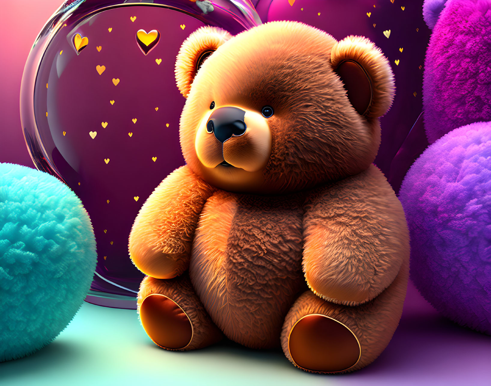 Plump Brown Teddy Bear Surrounded by Colorful Fluffy Balls