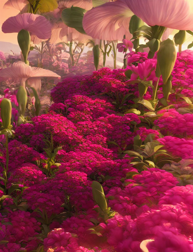 Vibrant pink and purple flowers in lush, surreal landscape