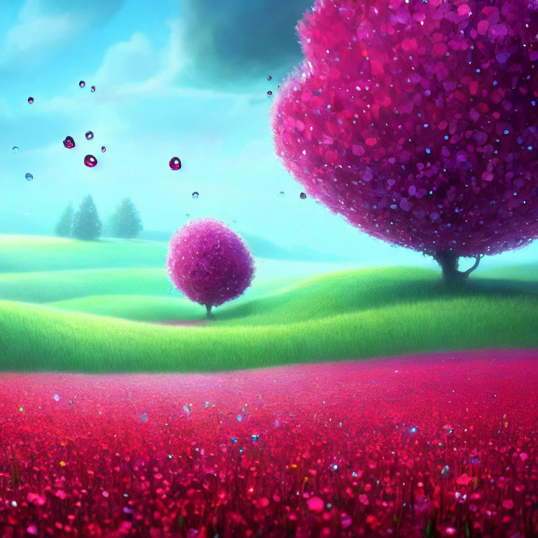 Colorful fantasy landscape with green hills, red flowers, pink trees, and sparkling droplets.
