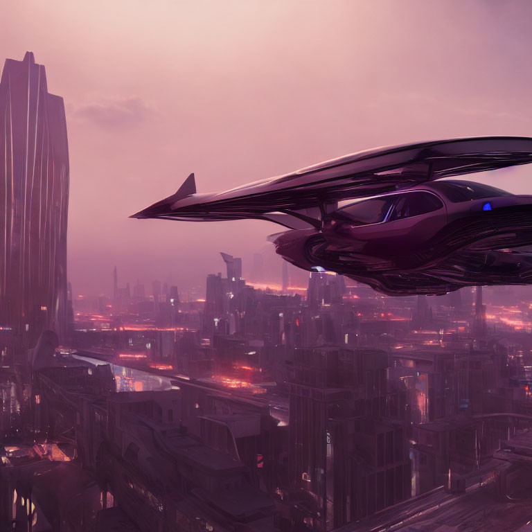 Futuristic flying car over purple cityscape with skyscrapers at dusk