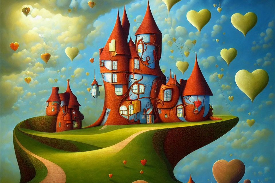 Whimsical painting of heart-shaped balloons and fantasy houses against blue sky