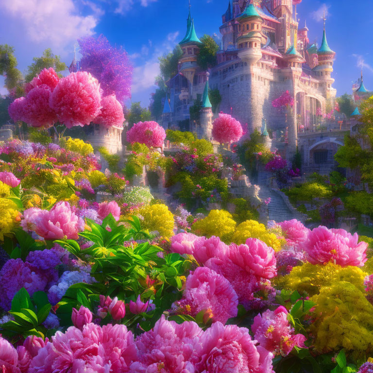 Fairytale castle in colorful gardens under sunny sky