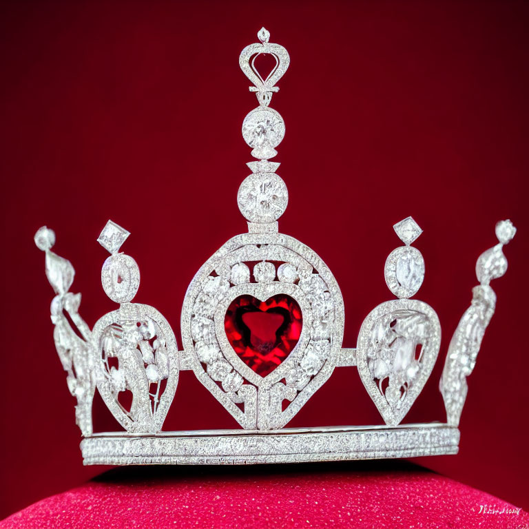 Silver Crown with Heart-Shaped Gem on Red Background