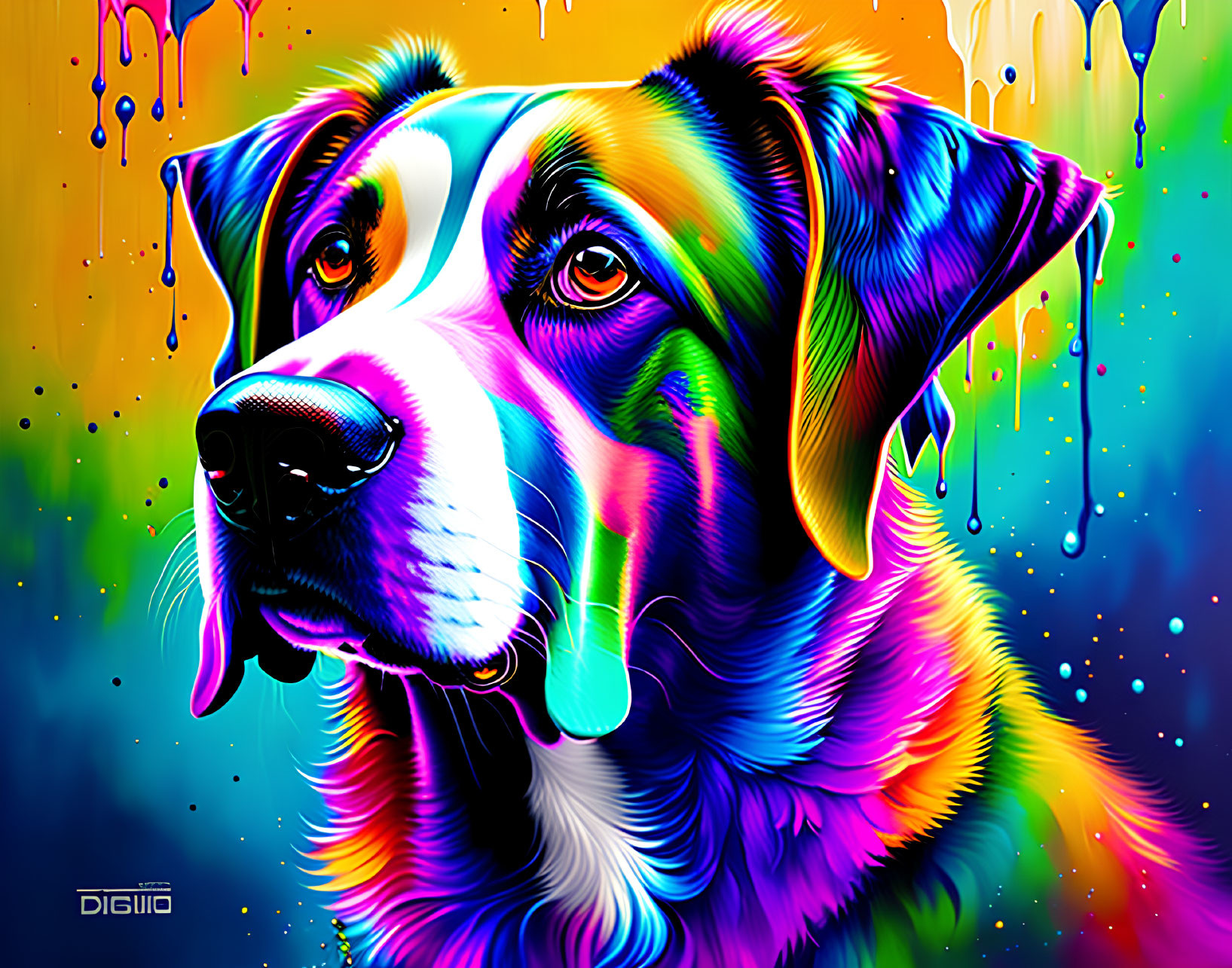 Colorful Neon Dog Art Against Starry Background