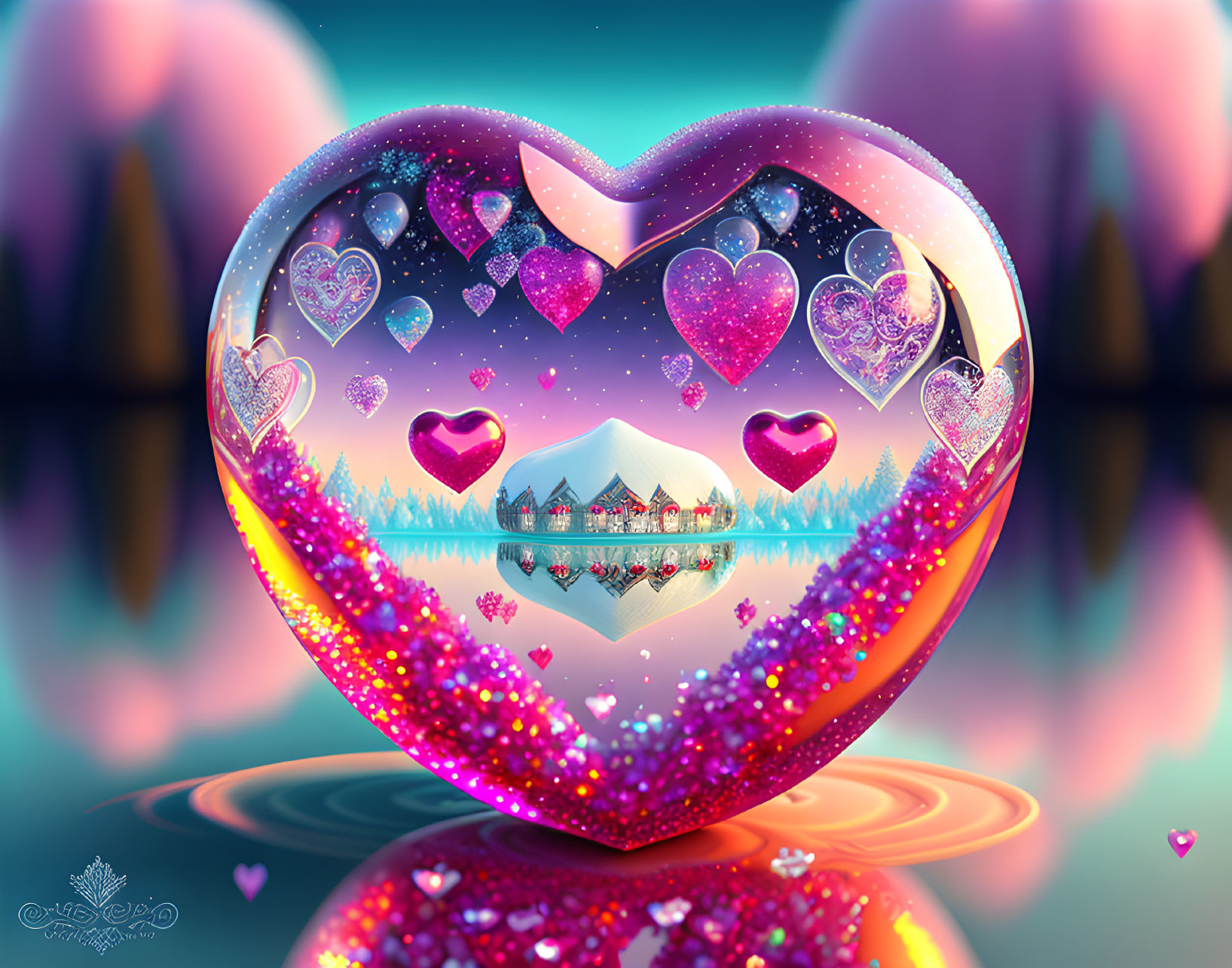 Heart-shaped frame with fantasy landscape and glittering hearts