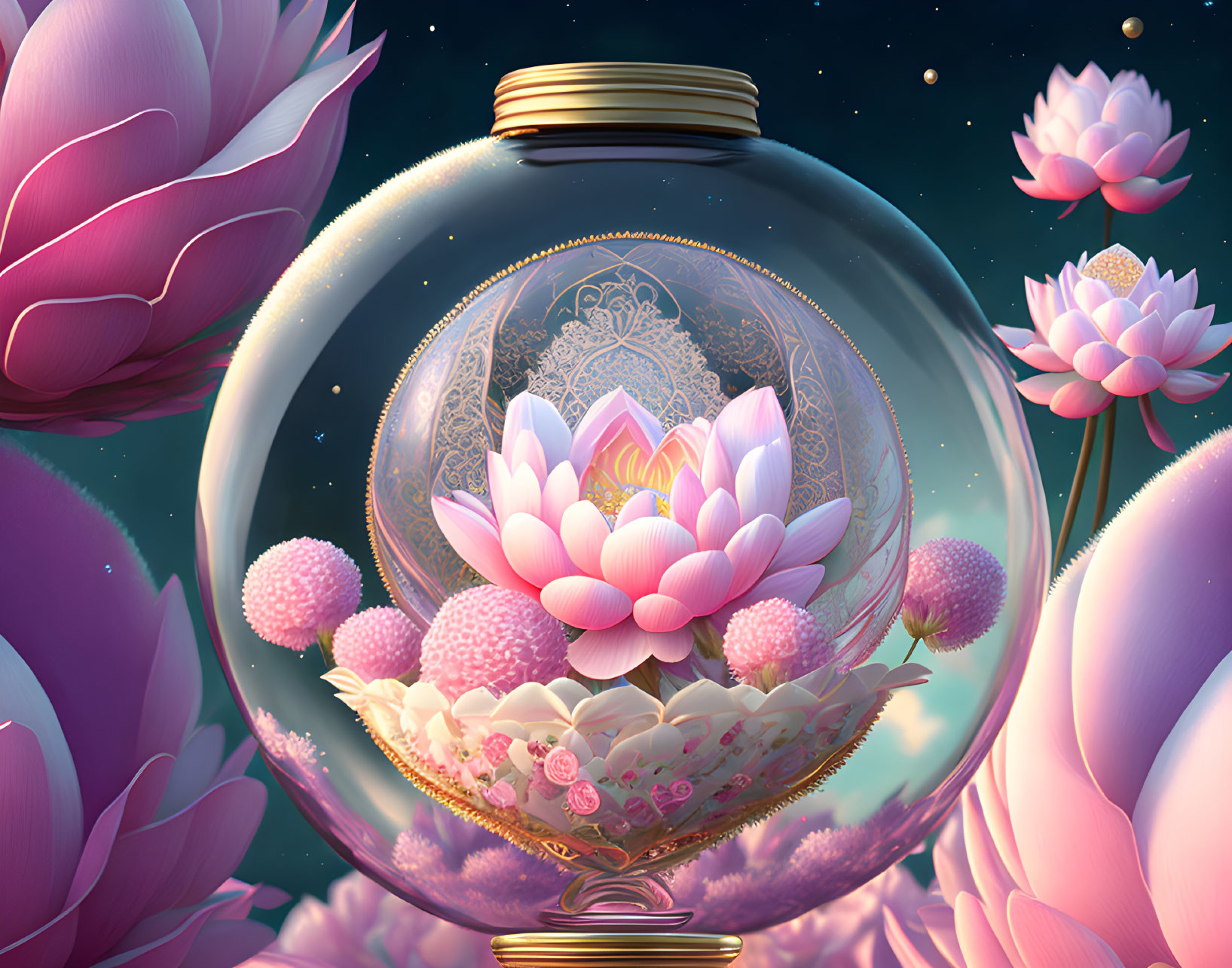 Glowing lotus in glass terrarium with pink blossoms under starry sky