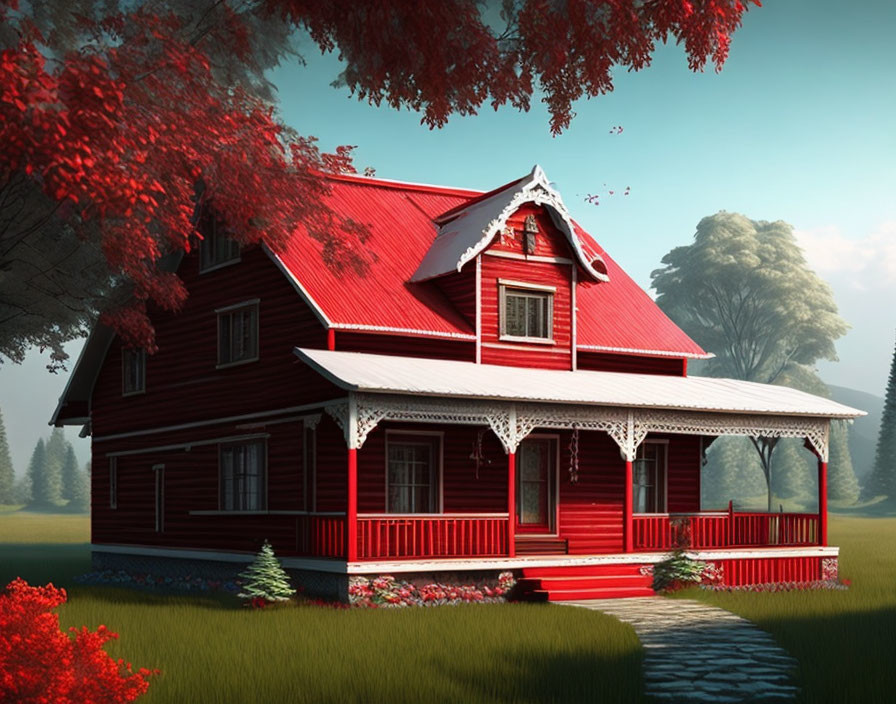 Red Wooden House with Wraparound Porch in Serene Landscape