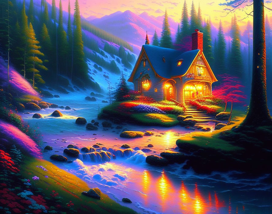 Colorful Cottage by Stream in Magical Forest with Glowing Lights