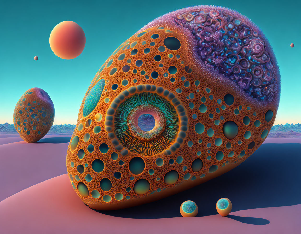 Vibrant patterned orbs in surreal landscape with two moons