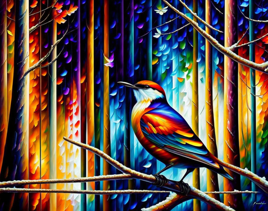 Colorful bird on branch with multicolored trees and butterflies