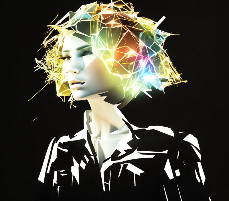 Stylized digital art: Luminescent geometric hair on dark background