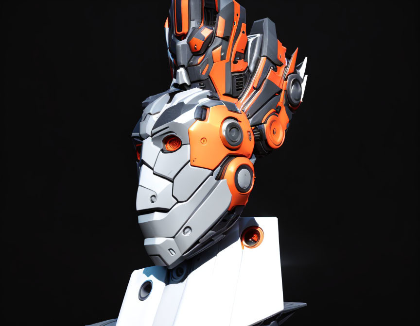 Detailed 3D Rendering of Futuristic Robotic Head with Orange Accents