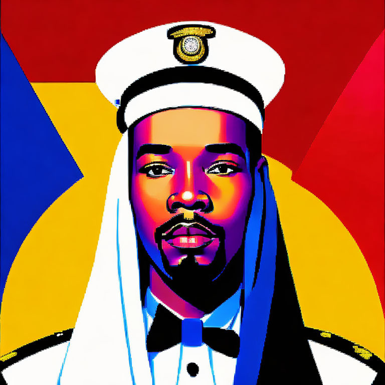 Vibrant pop art portrait of a man in naval officer attire on red and blue backdrop