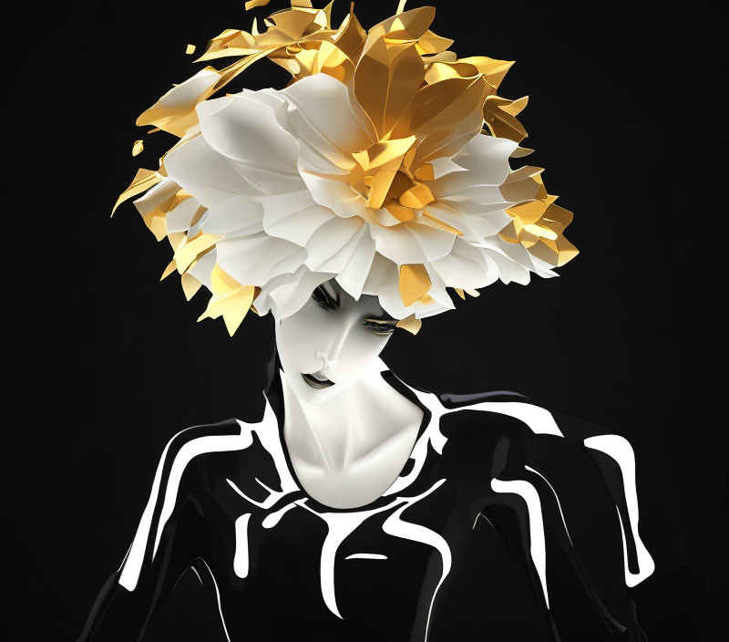 Monochrome figure with striped outfit and golden headdress on black background