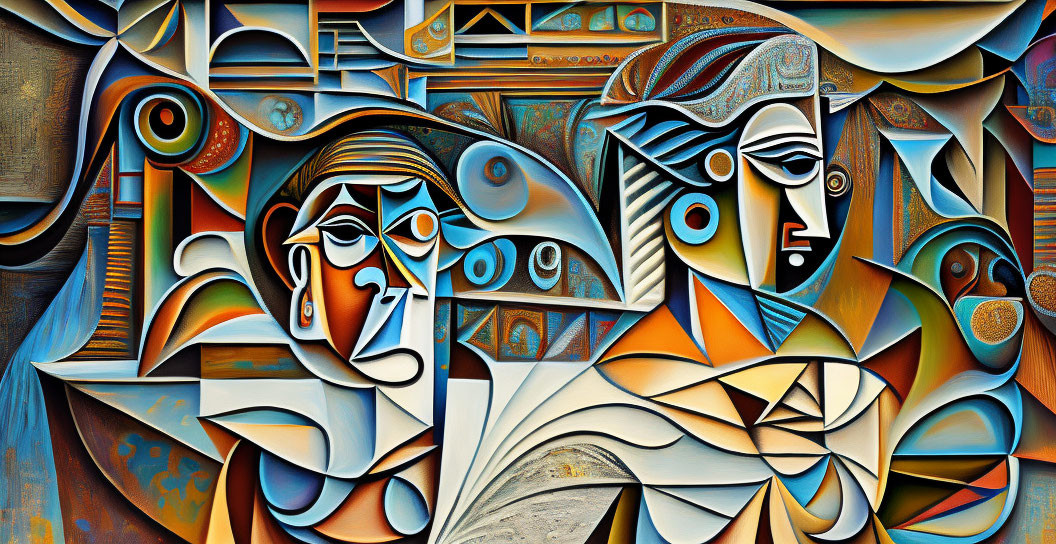 Geometric Cubist painting with stylized human faces in colorful composition