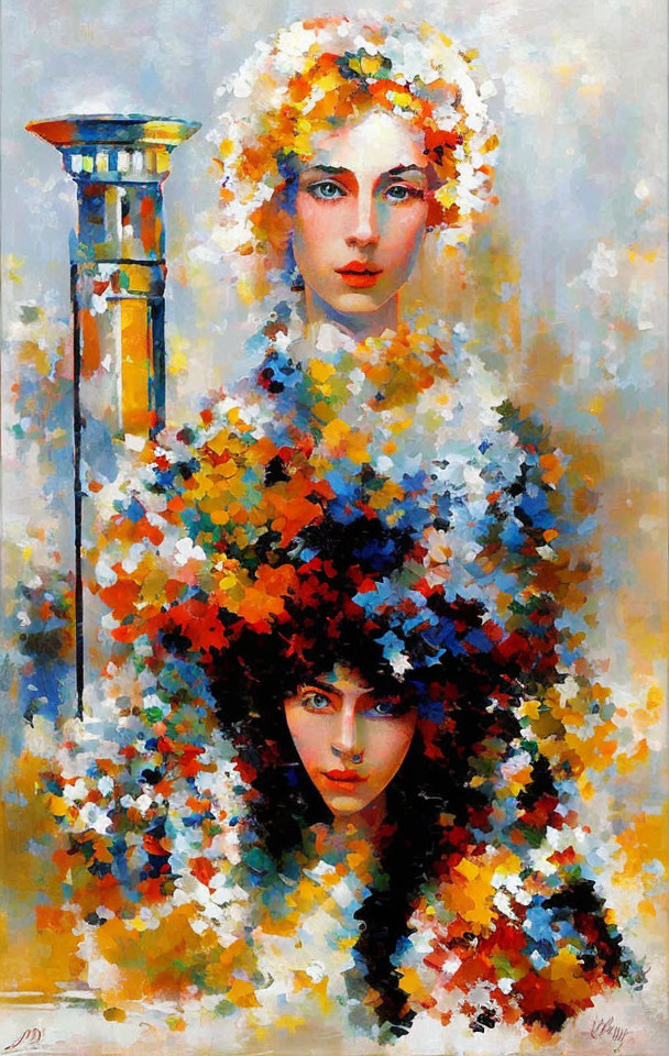 Vibrant impressionist painting of two women with floral motifs and classical column