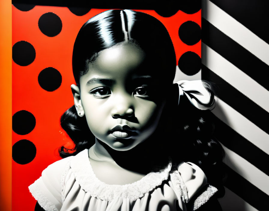 Stylized portrait of young girl with two-toned background in black, white, and red