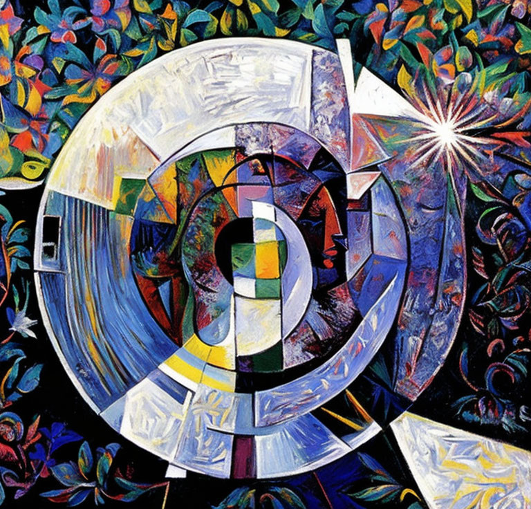 Vibrant Abstract Painting with Circular Motif and Geometric Patterns